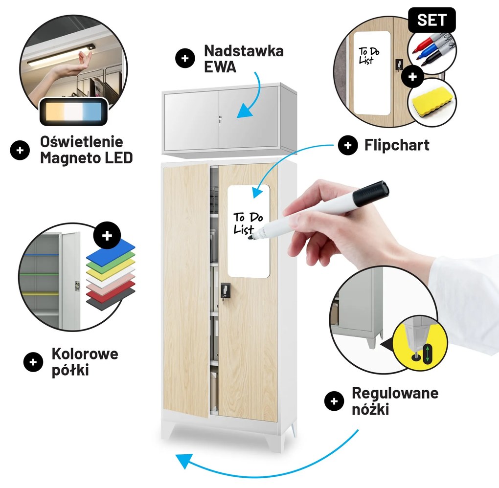 Biurowa szafa metalowa JAN, 900 x 1850 x 400 mm, Eco Design: biała/ dąb sonoma