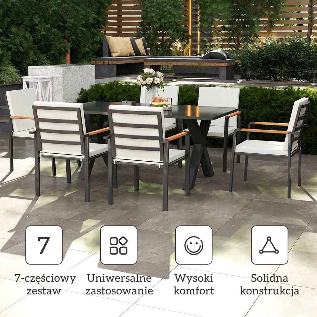 Outsunny Zestaw Mebli Ogrodowych dla 6 Osób, 6 Krzeseł, 1 Stół, Wodoodporny, 175 cm x 92,5 cm x 73 cm, Czarny + Szary