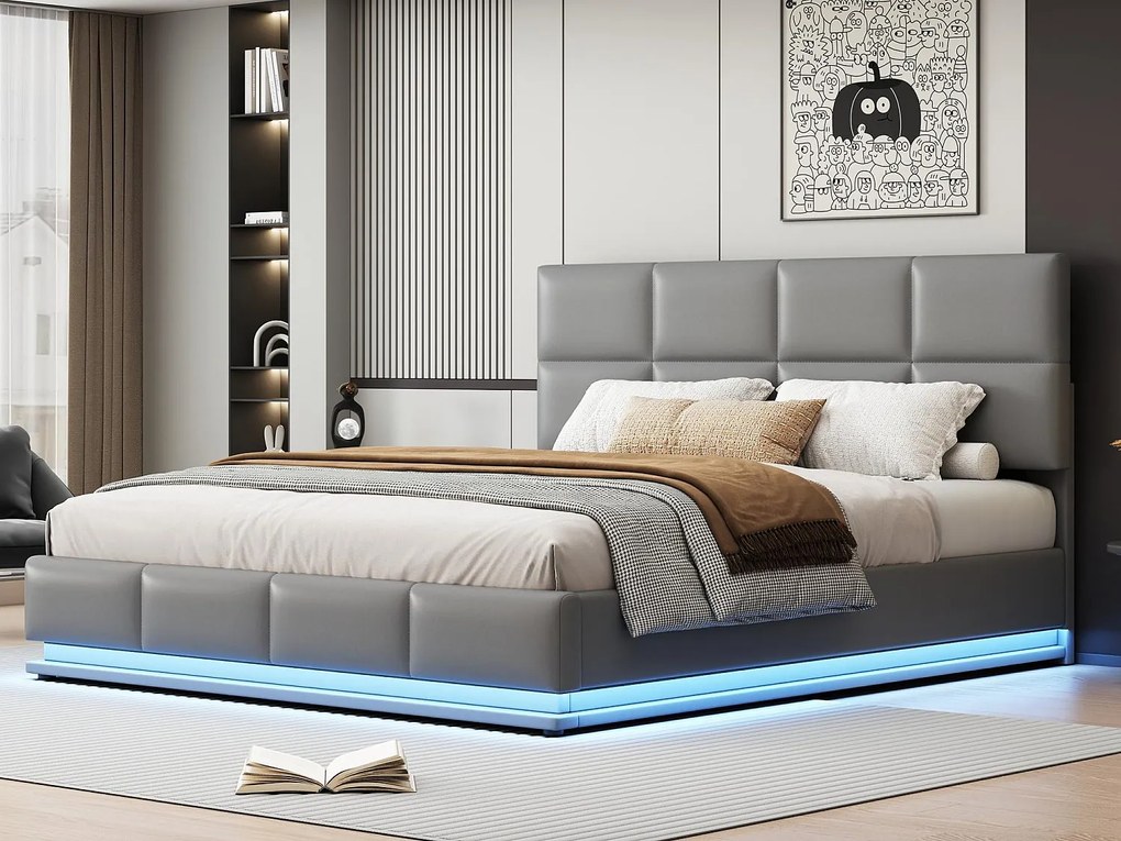 Łóżko tapicerowane z pojemnikiem 180x200 cm z oświetleniem LED – ze skóry ekologicznej – jasnoszare