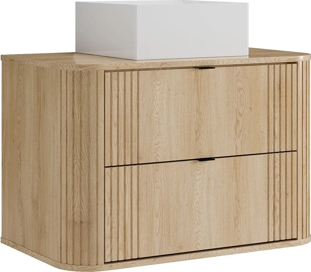 Szafka łazienkowa wisząca z umywalką nablatową kwadratową - Jasny naturalny - 80 cm - FILOR