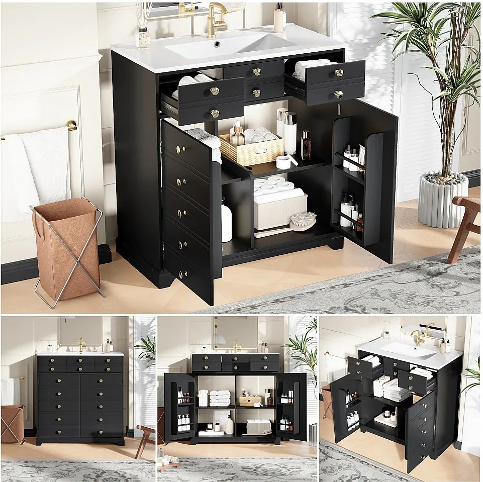 Szafka łazienkowa z umywalką ceramiczną - 91,5 x 47 x 86,5 cm - z szufladami + 2 drzwi - MDF - czarna