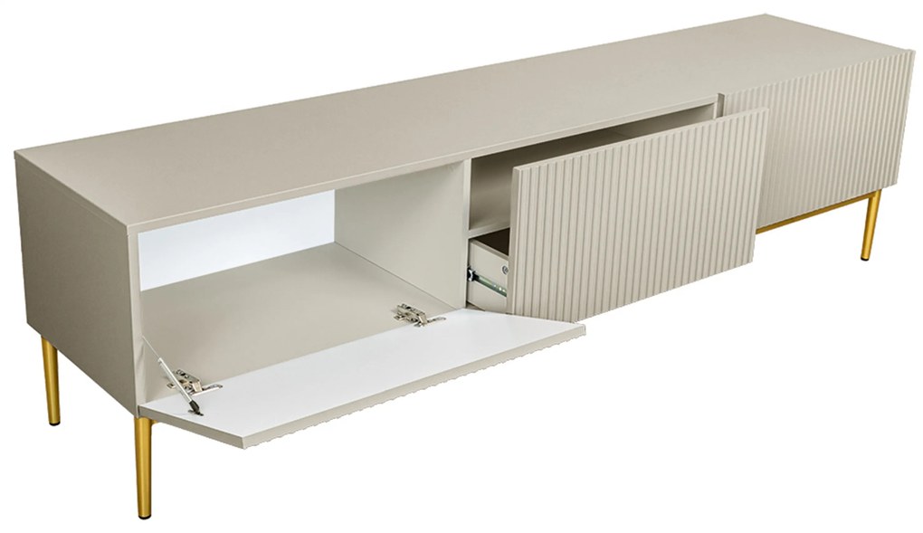 Szafka RTV Nicole 200 cm na metalowych nogach z szufladą - kaszmir / złote nóżki