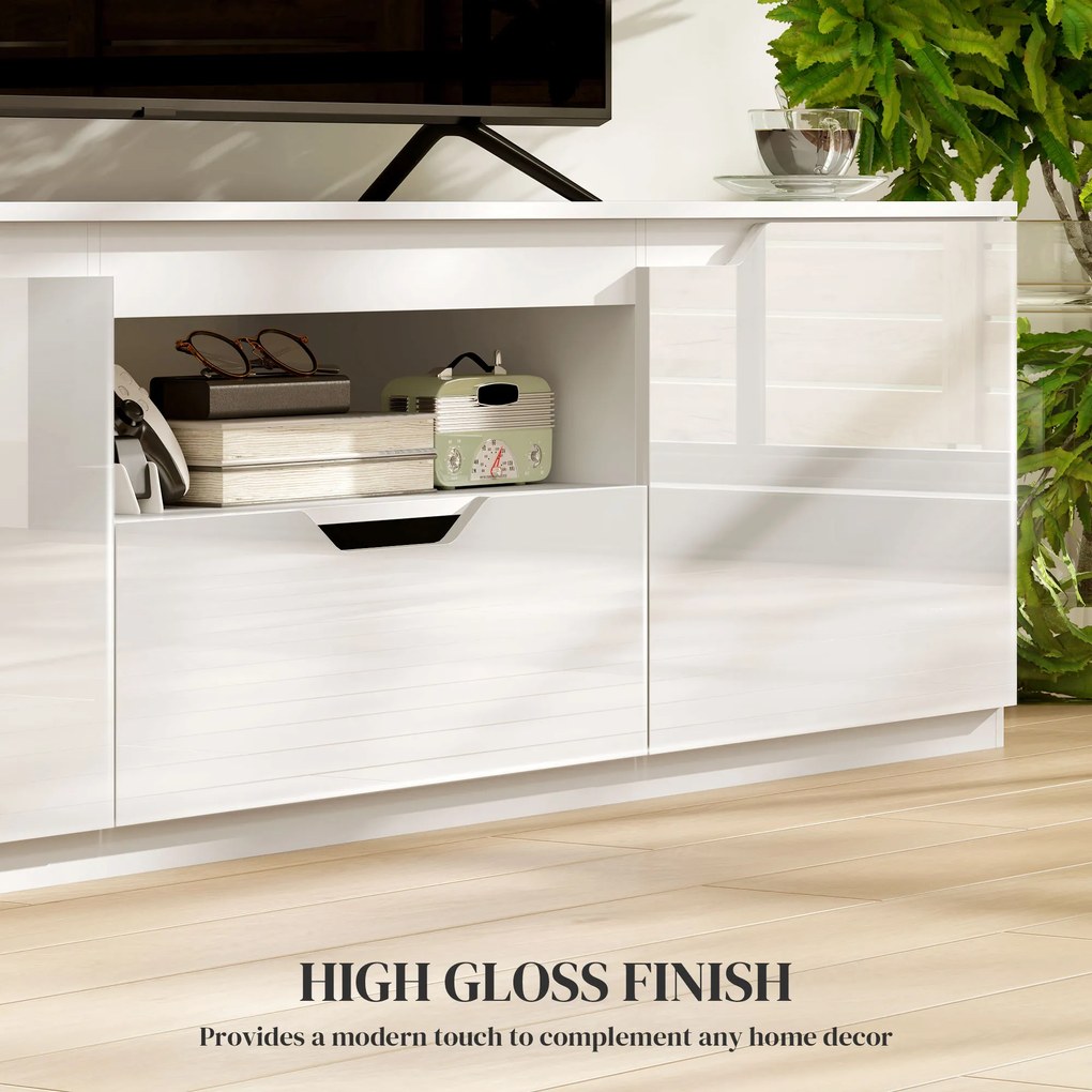 HOMCOM Szafka RTV biały połysk na telewizory do 65 cali z szufladą i 3 przegrodami 160x38x43 cm | Aosom PL