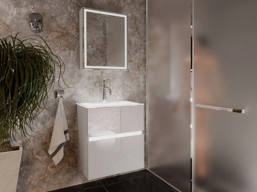 Szafka pod umywalkę NEO 60 cm biały połysk z oświetleniem LED KROFAM