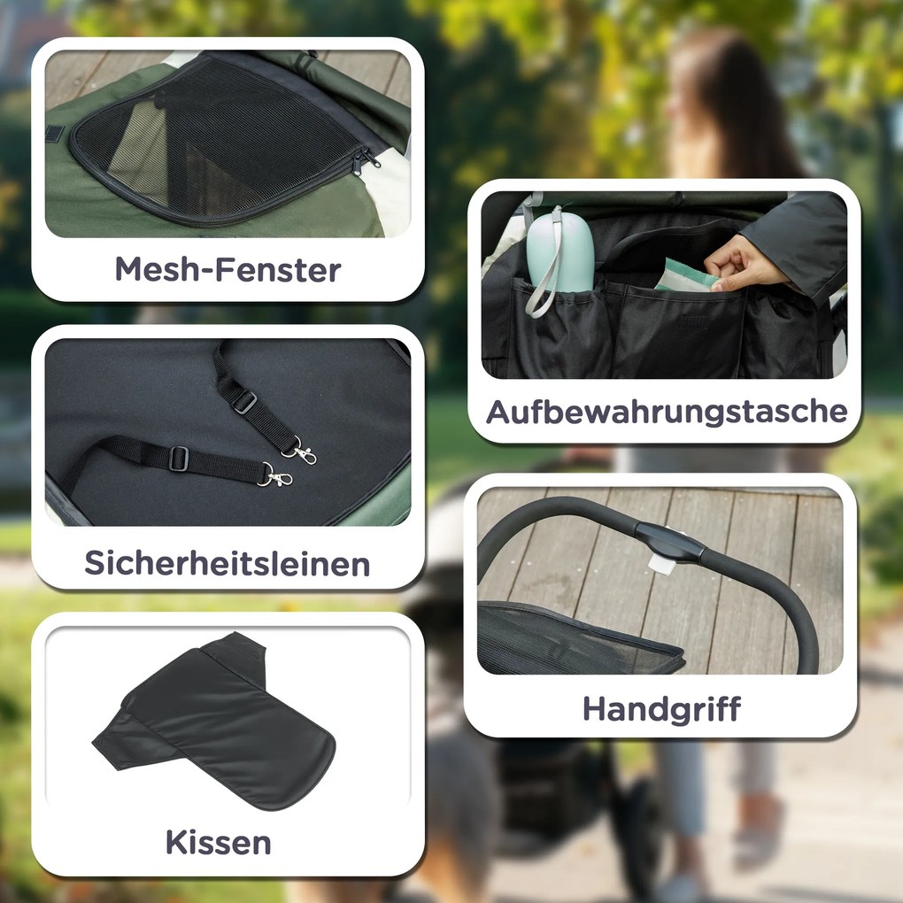 PawHut Składany Wózek dla Psów, Buggy dla Dużych Psów z 4 Kołami, Pasami Bezpieczeństwa, Hamulcami, Ciemnozielony