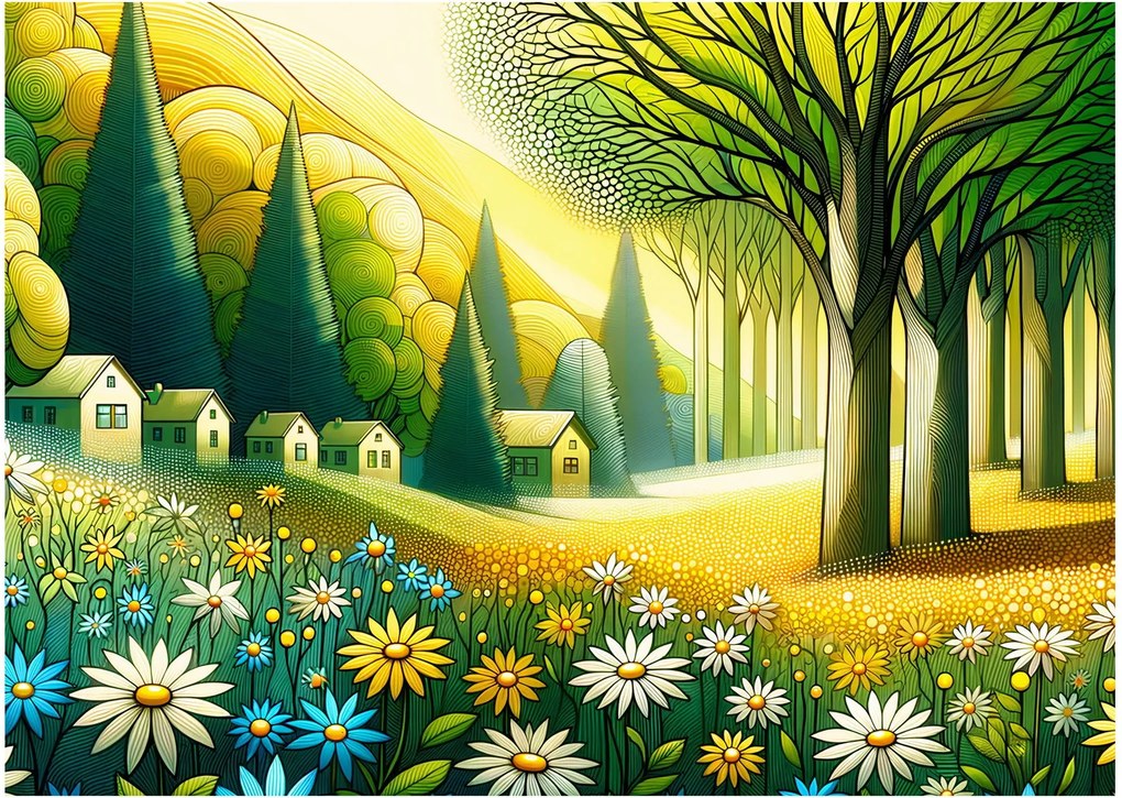 Obraz - Wieś w żółto-zielonym (70x50 cm)