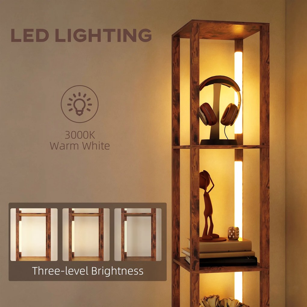 HOMCOM Lampa stojąca LED z półkami, regulowana jasność, włącznik nożny, rustykalny brąz | Aosom PL