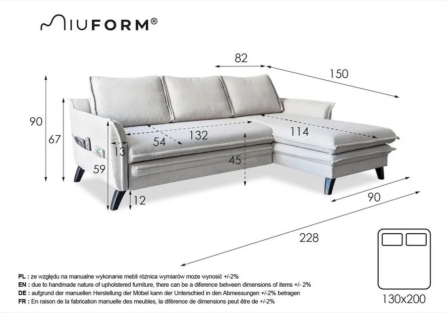 Jasnoszary narożnik rozkładany Miuform Charming Charlie, prawostronny