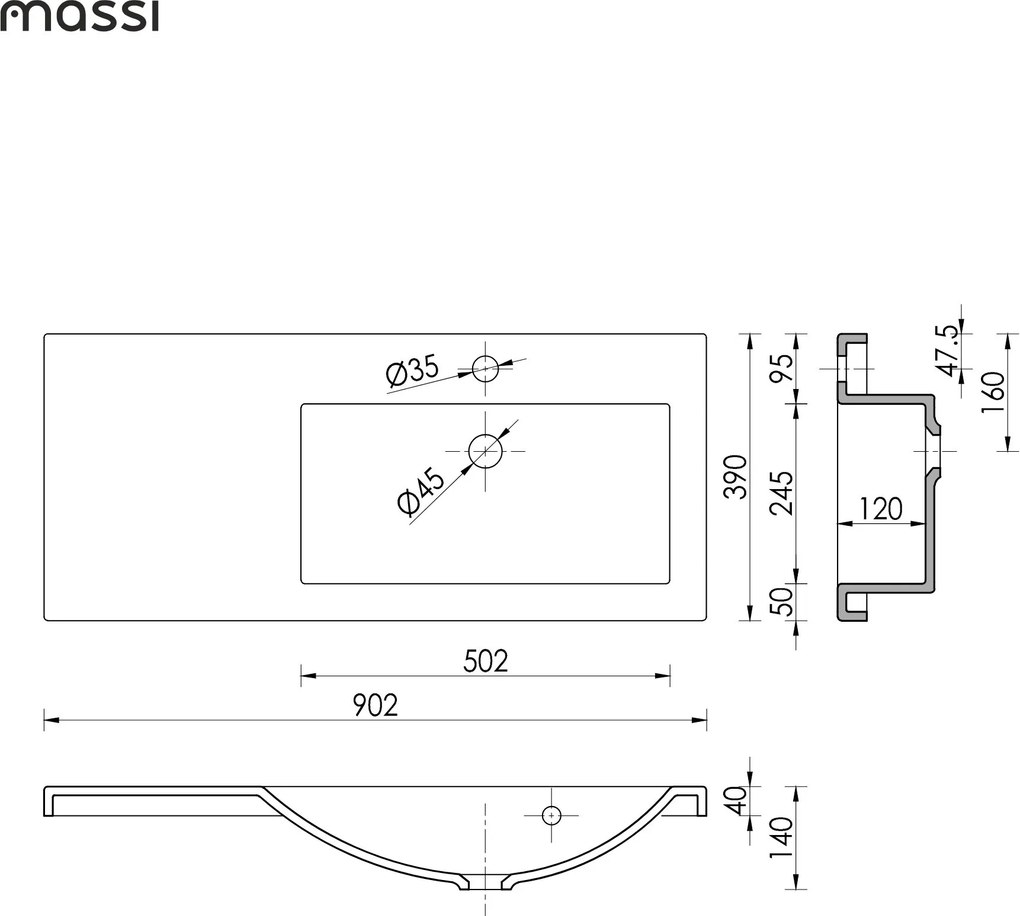 copy of Umywalka wpuszczana w blat z konglomeratu WAVE 90 cm Prawa