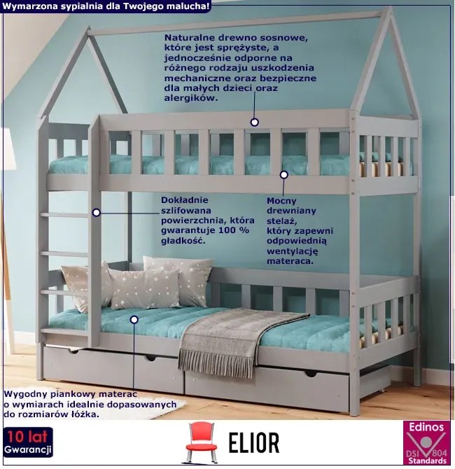 Szare skandynawskie łóżko piętrowe domek dla dzieci C4-E73