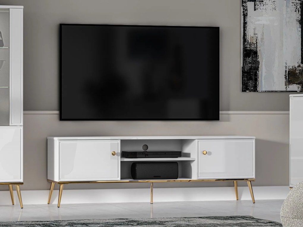 Szafka RTV 160 cm Goldin 06, biały połysk / złoty