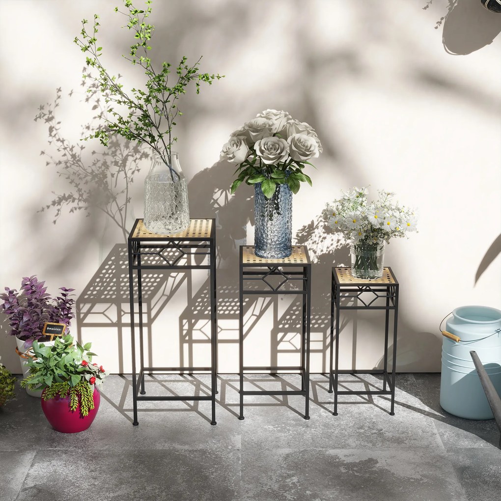 Outsunny Stojak na Rośliny, Zestaw 3 szt., okrągłe, składany, z efektem rattanu, metalowe nogi, do użytku wewnątrz i na zewnątrz, Czarno/Złoto