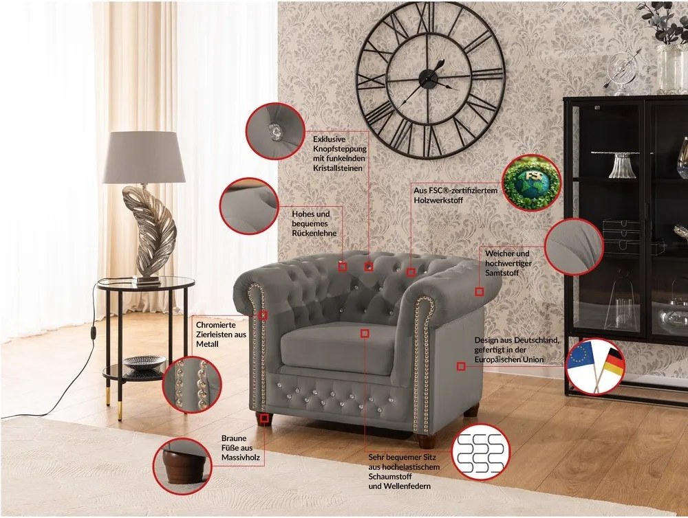 Szary aksamitny fotel typu chesterfield York Blik – Ropez