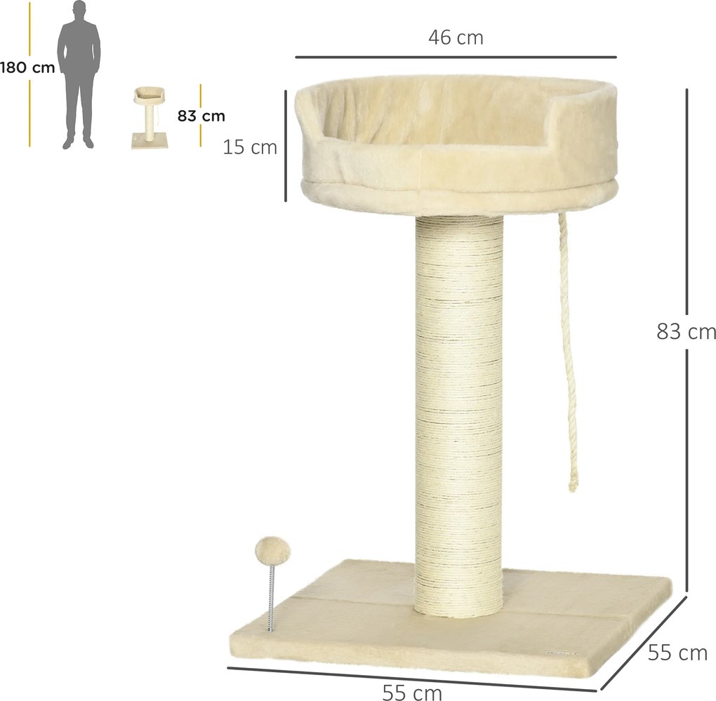 PawHut Drapak Leżanka dla Kota Zabawka Beżowy Komfortowy i Rozrywkowy 55x55x83cm | Aosom PL