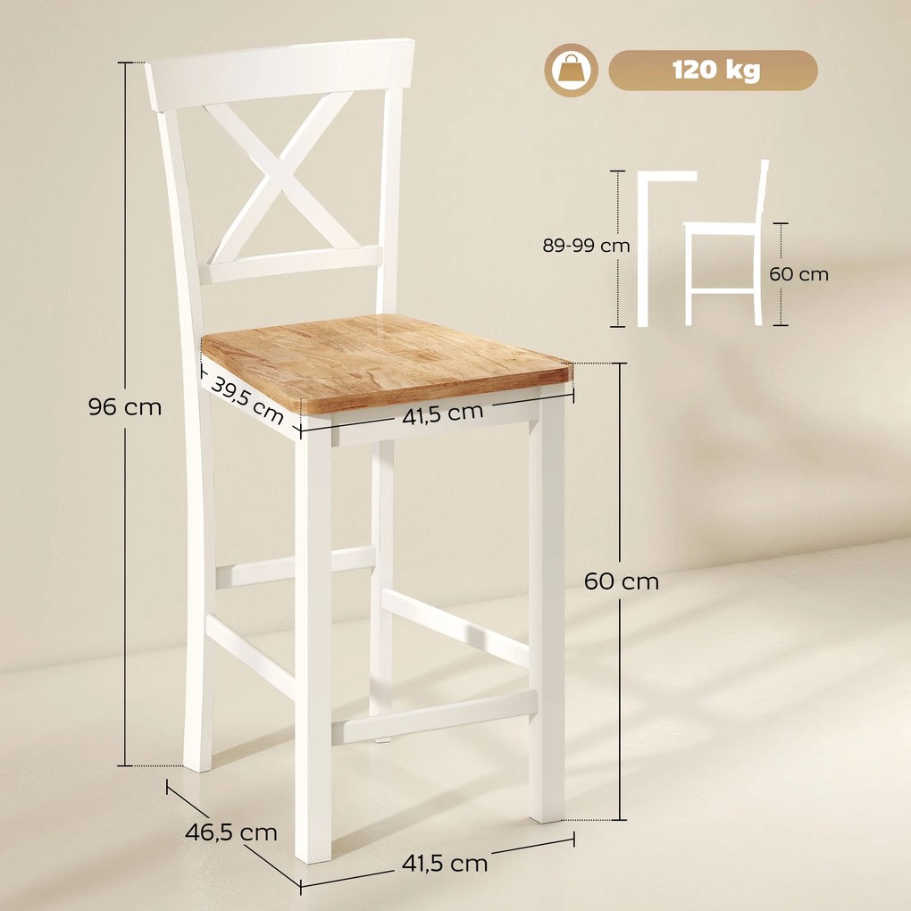 HOMCOM Zestaw 2 stołków barowych z oparciem i podnóżkiem, drewno kauczukowe, do kuchni, jadalni, baru, Dąb+Biały