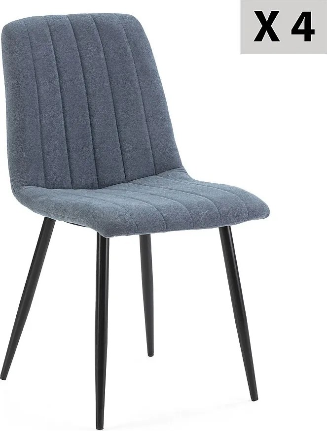 Zestaw 4 krzeseł Sagi pokrytych niebieską tkaniną.