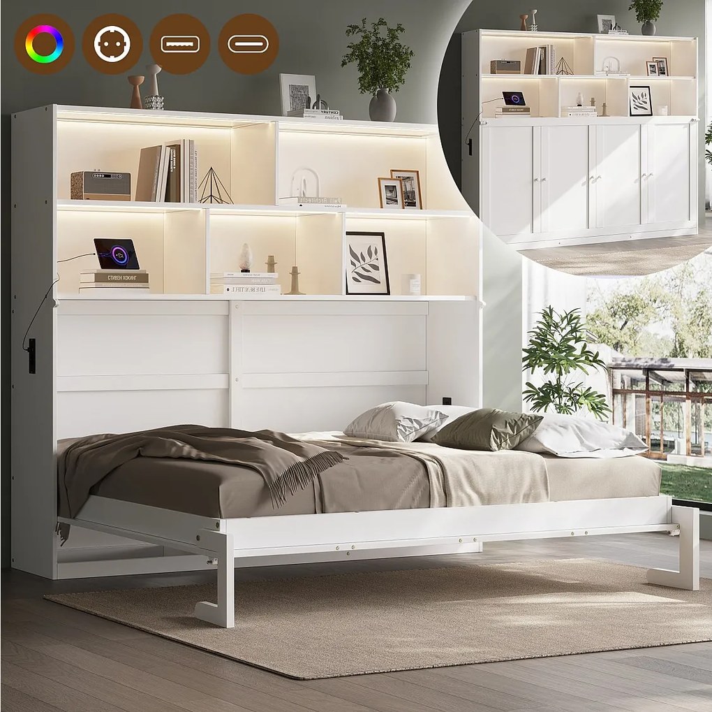 Łóżko składane 90x200 cm - Pojedyncze łóżko rozkładane - z LED, ładowaniem USB i miejscem do przechowywania - Białe (materac nie jest dołączony)