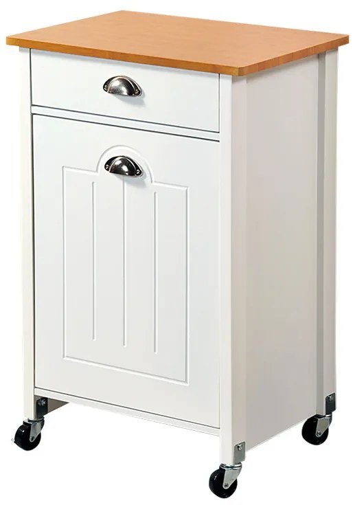 Drewniany barek na kółkach z koszem do segregacji śmieci