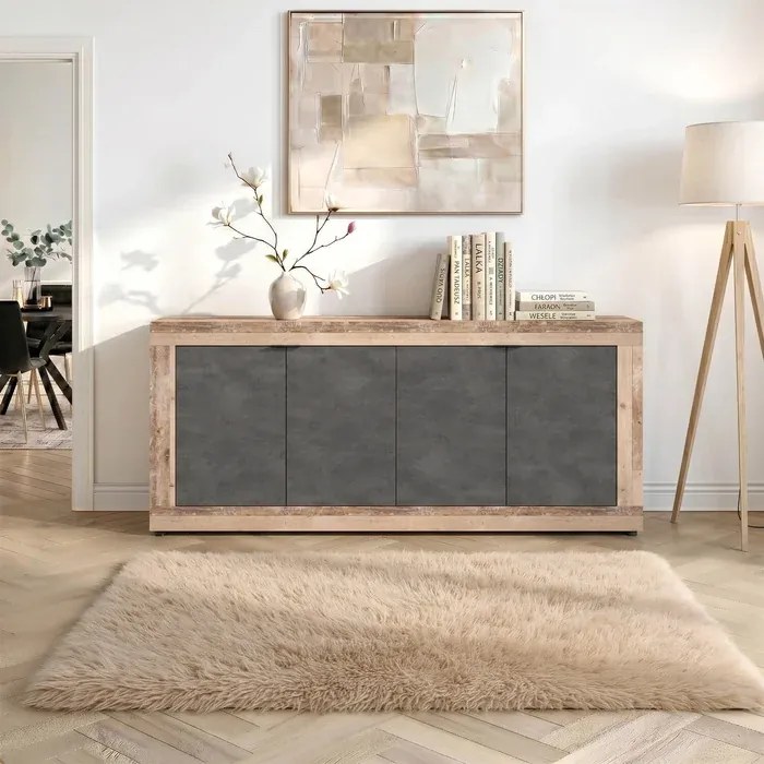 Komoda Czterodrzwiowa BLAGO 180 cm Czarny/Surowy Dąb Loft