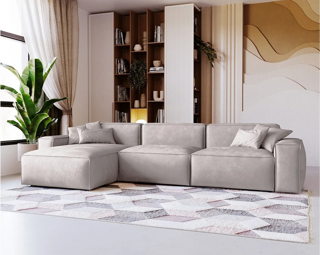 Emporius Figo narożnik w kształcie L - narożnik w nowoczesnym stylu bez pojemnika - prawostronny, tkanina aksamitna, jasny szary (Whisper 16)