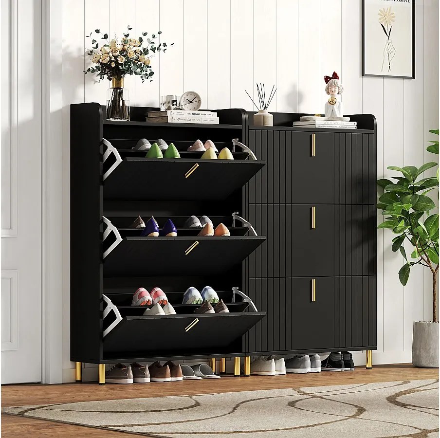 2 szafki na buty 3-drzwiowe - 2 x 80 x 23,5 x 123,5 cm - z 6 przegródkami + zabezpieczenie przed przewróceniem - MDF - czarne