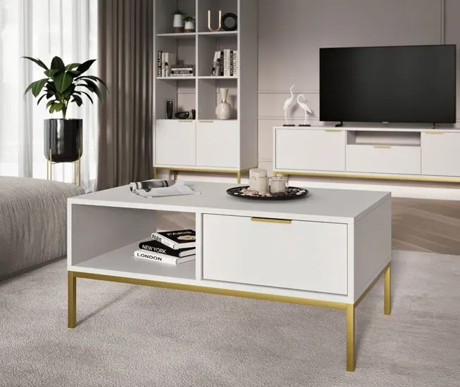 Prostokątna ława z 2 szufladami biały + złoty T8-P83
