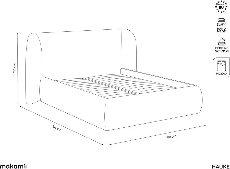 Jasnoszare tapicerowane łóżko dwuosobowe ze schowkiem i stelażem 140x200 cm Hauke – Makamii