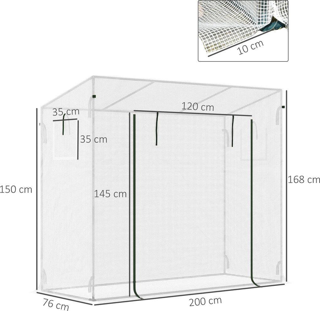 Outsunny Szklarnia z bocznym oknem, rolkowymi drzwiami, wiatroodporna, stalowa rama, plandeka z tworzywa sztucznego, biały, 200 x 68 x 196 cm