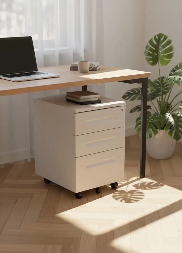 Biały kontenerek z szufladami pod biurko na zamek T7-H69
