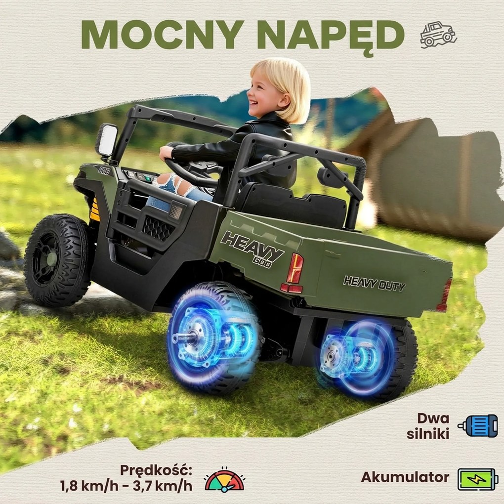 AIYAPLAY Pojazd elektryczny, 2 silniki, bagażnik, design UTV, funkcja muzyczna, zielony