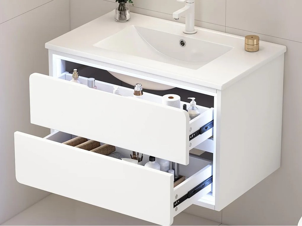Wiszący mebel łazienkowy 76x46x48,5 cm - z ceramiczna umywalką - 2 szuflady - z LED - Biały