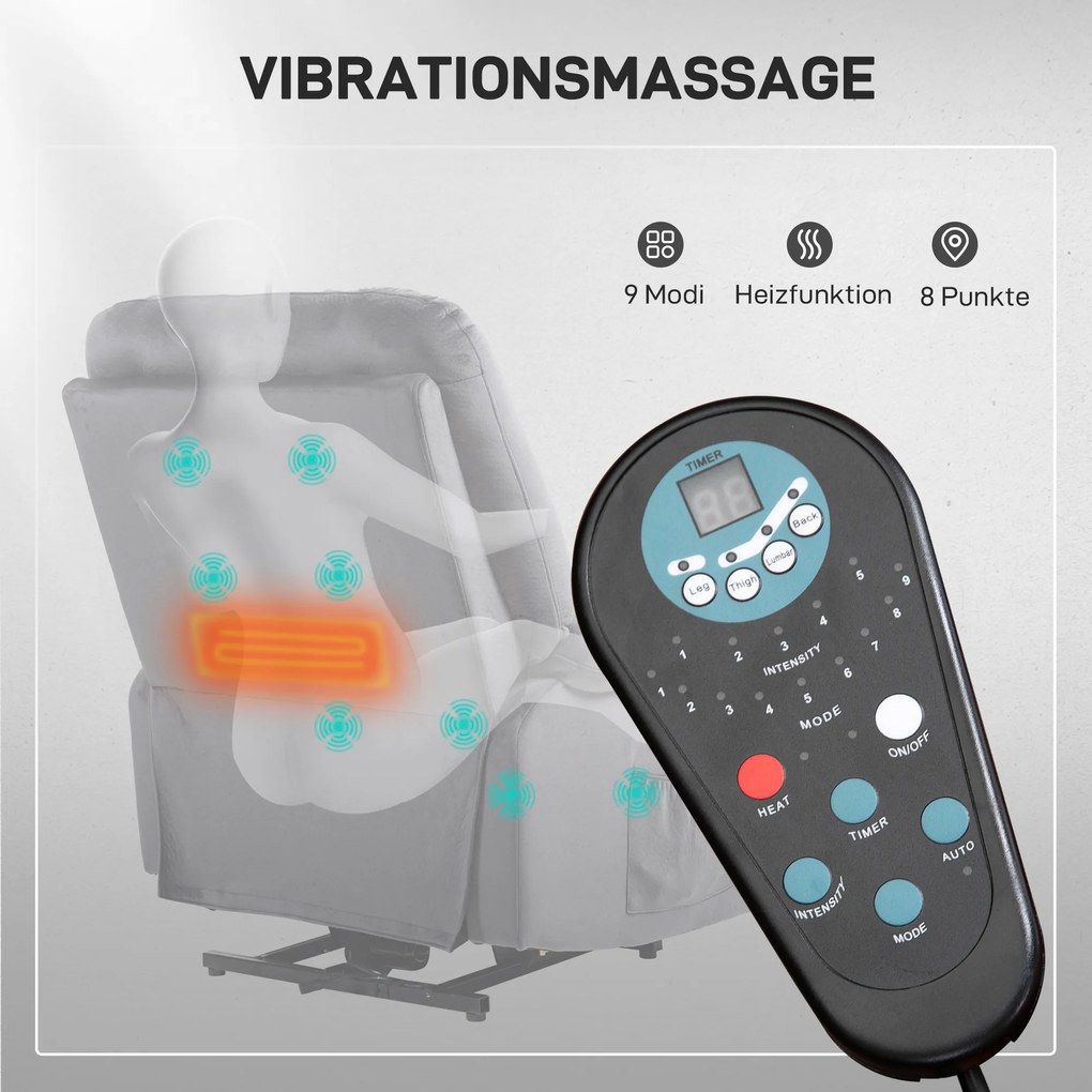 HOMCOM Elektryczny Fotel do Telewizora z Pomocą Wstawania, Funkcją Ciepła i Masażu, Pilotem i Kieszenią Boczną, Ciemnoszary