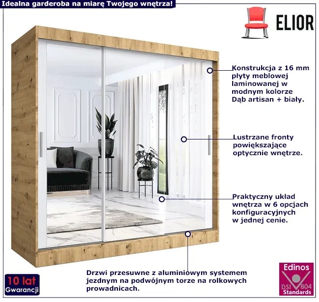 Szafa przesuwna z lustrem dąb artisan + biały 200 cm - Kukkin 6X
