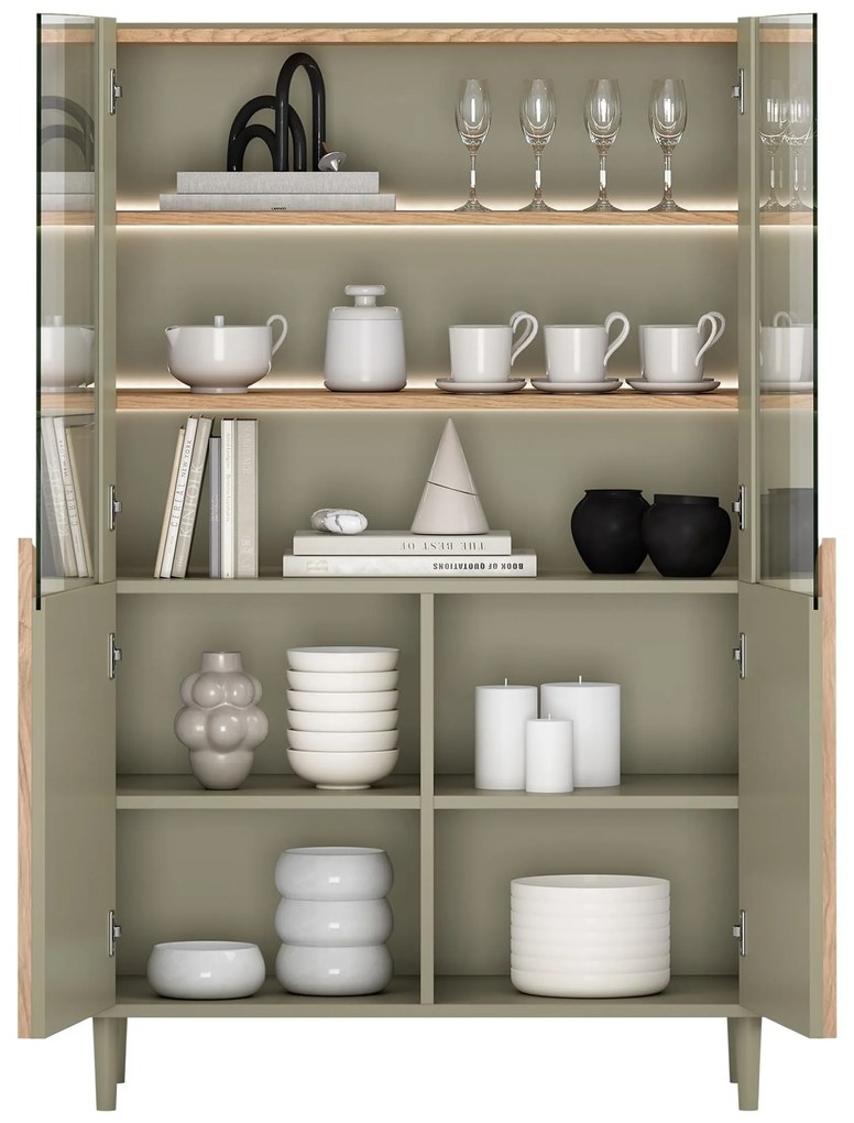 Witryna Amilio do salonu 100 cm na nóżkach - eukaliptus / dąb baltic dune / uchwyty dąb naturalny