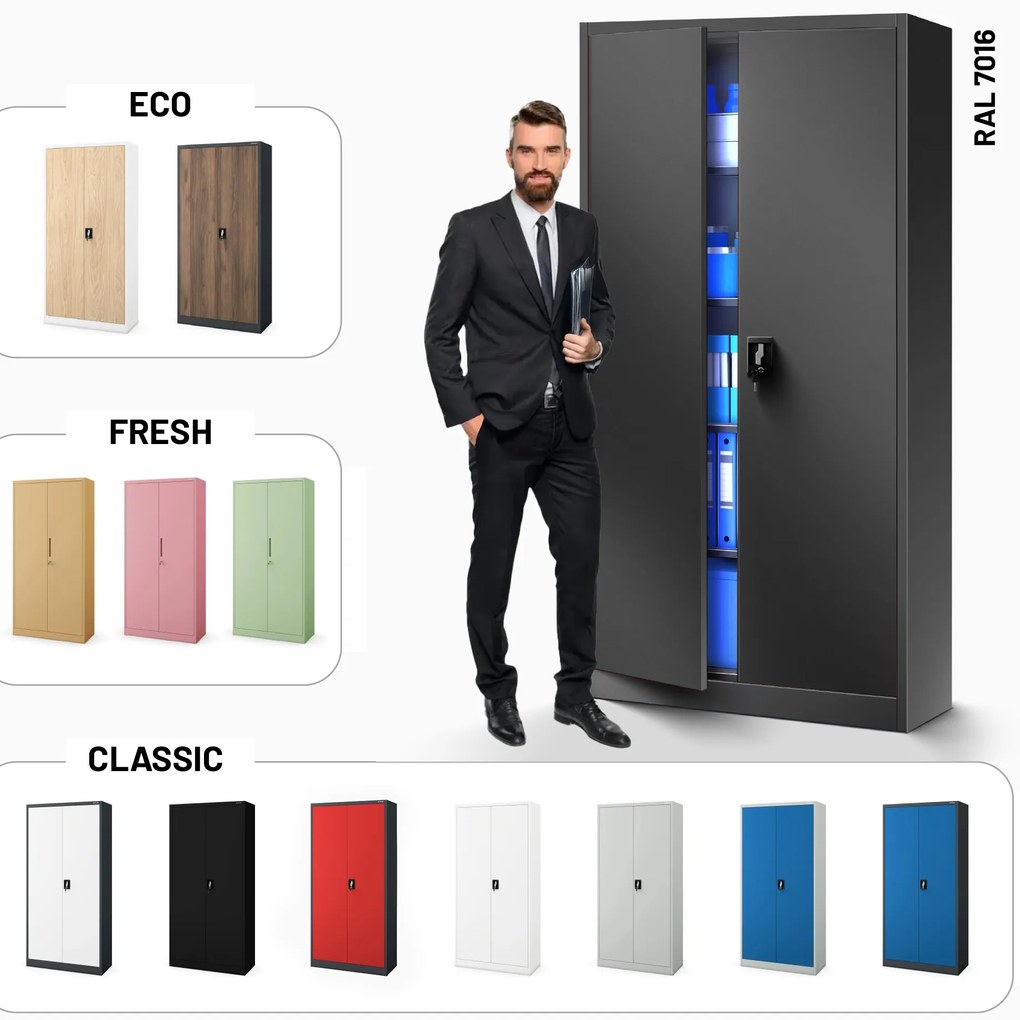 Szafa na dokumenty biurowa metalowa antracytowa: JAN H, 900 x 1950 x 400 mm