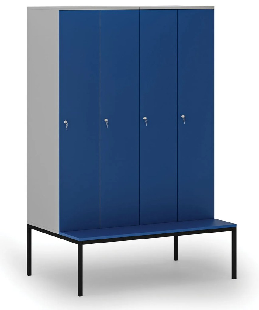 Drewniana szafa ubraniowa S4 z ławką, 4-drzwiowa, 1871 x 1200 x 500/800 mm, demontaż, zamek cylindryczny, szary/niebieski