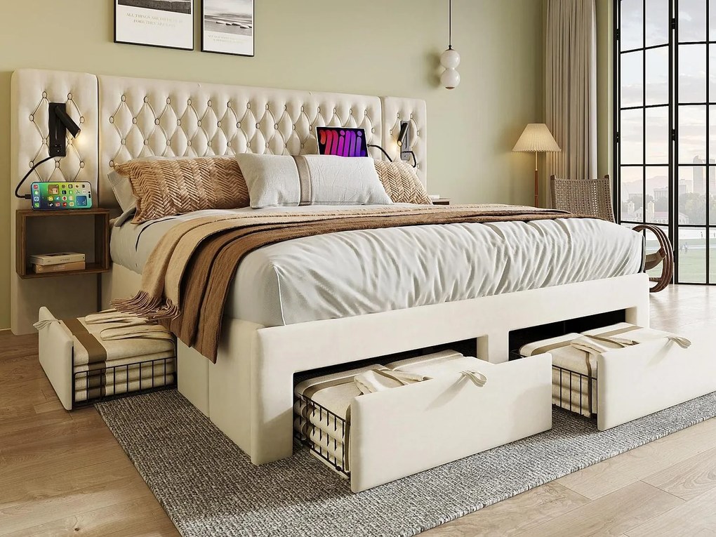 Łóżko dwuosobowe z weluru 180x200 cm - z 2 szafkami nocnymi i 4 szufladami - 2 lampki do czytania z gniazdem USB - Beżowe (materac nie wchodzi w skład zestawu)