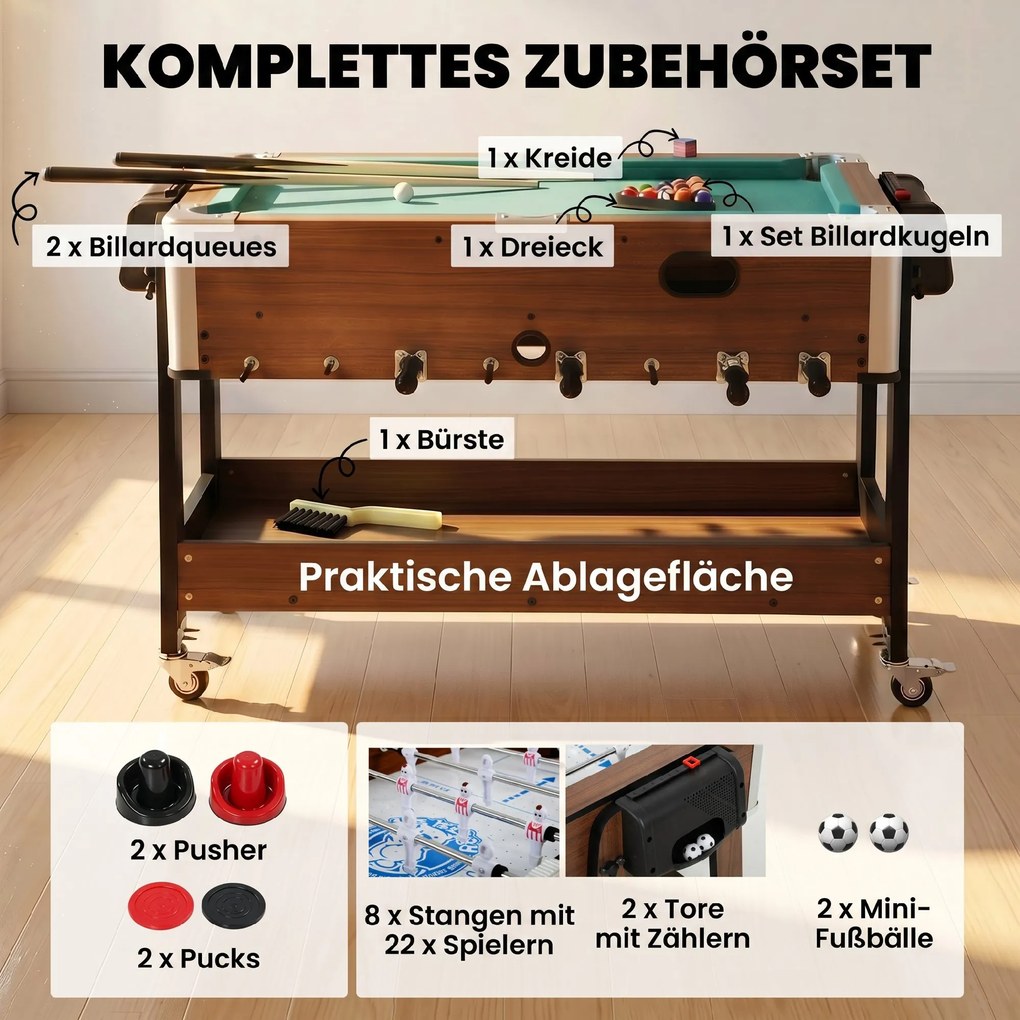 SPORTNOW 3-w-1 obrotowy stolik wielofunkcyjny z bilardem, piłkarzykami i airhockey, z półką | Aosom PL