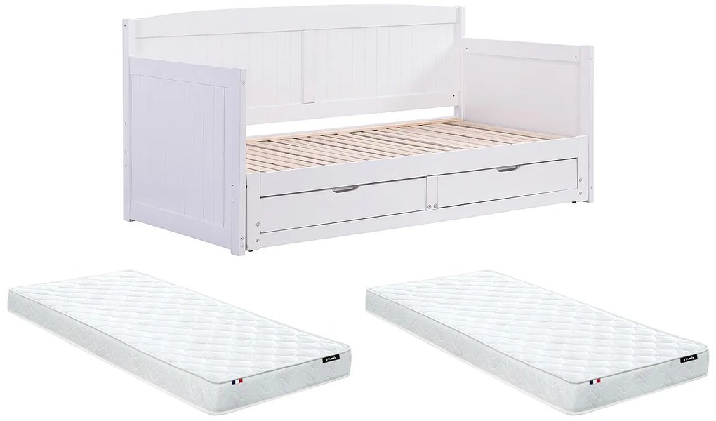Łóżko wysuwane dzienne 90 x 190 lub 180 x 190 cm - Z rozsuwanym stelażem i szufladami - Drewno sosnowe i MDF - Biały + Materac - DINIVA