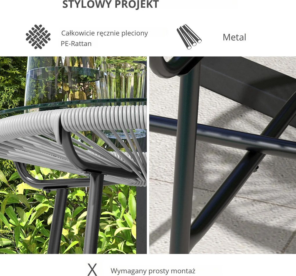 Outsunny Stolik Boczny Rattanowy Bistro Kawowy Blat ze Szkła Okrągły Czarno-Szary Taras Balkon | Aosom PL