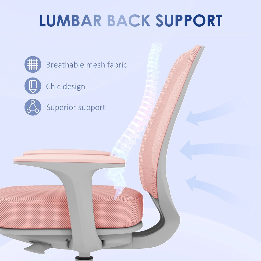 Vinsetto Fotel biurowy, ergonomiczny fotel z funkcją obrotową, regulowany 55 x 48 x 82,5-94,5 cm różowy