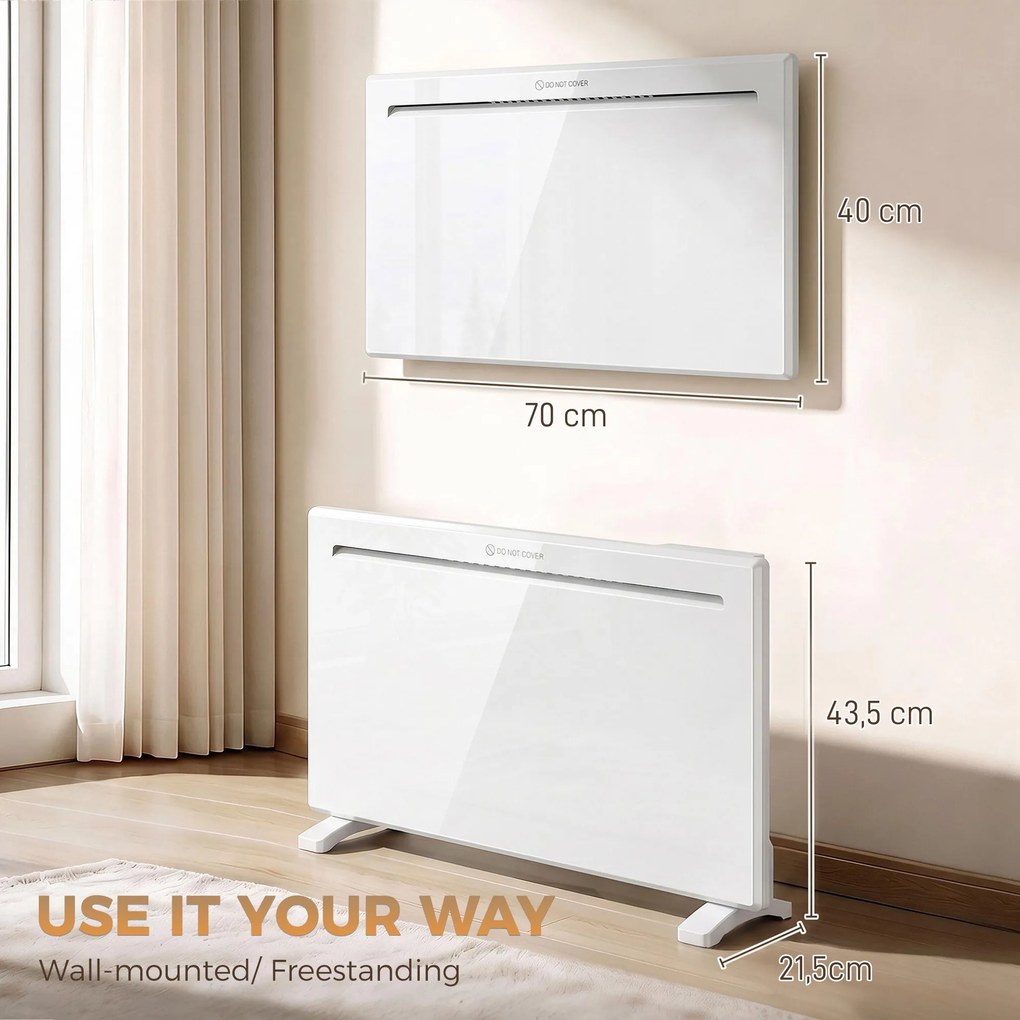 HOMCOM Inteligentny panel grzewczy 1500 W, wolnostojący/montaż ścienny, ogrzewanie elektryczne z 7-dniowym timerem, wykrywanie otwartego okna, ochrona przed mrozem, biały | Aosom PL