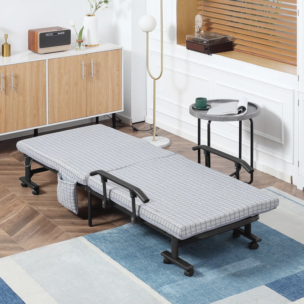 HOMCOM Łóżko Składane dla Gości z Regulowanym Oparciem Podłokietniki 8 Kółek Stal Szary Czarny 190x76x33cm | Aosom PL