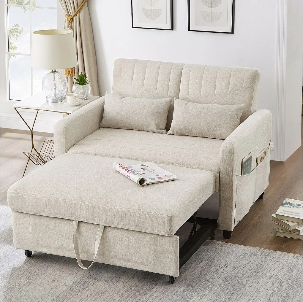 Sofa rozkładana 2-osobowa rozkładana - 95 x 120 cm - regulowane oparcie - tkanina bawełniano-lniana - beżowa