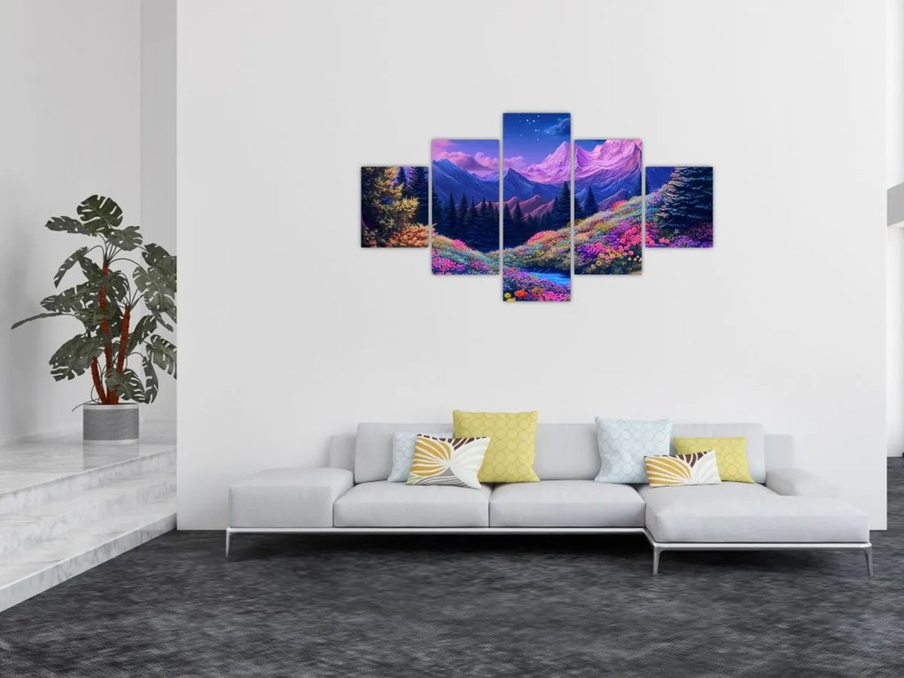 Obraz - Fioletowy krajobraz przy pełni księżyca (125x70 cm)