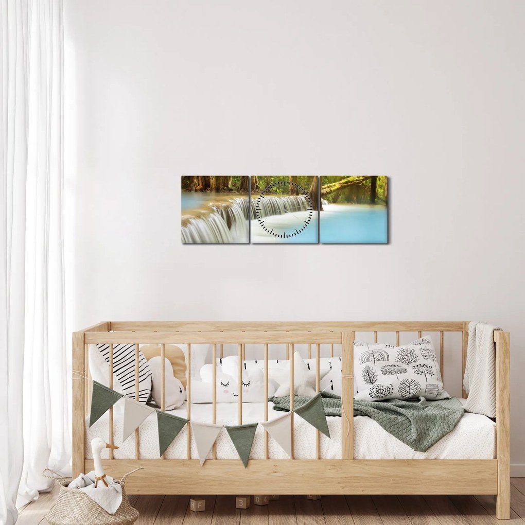 Obraz wodospadu Huai Mae Kamin w lesie (z zegarem) (90x30 cm)