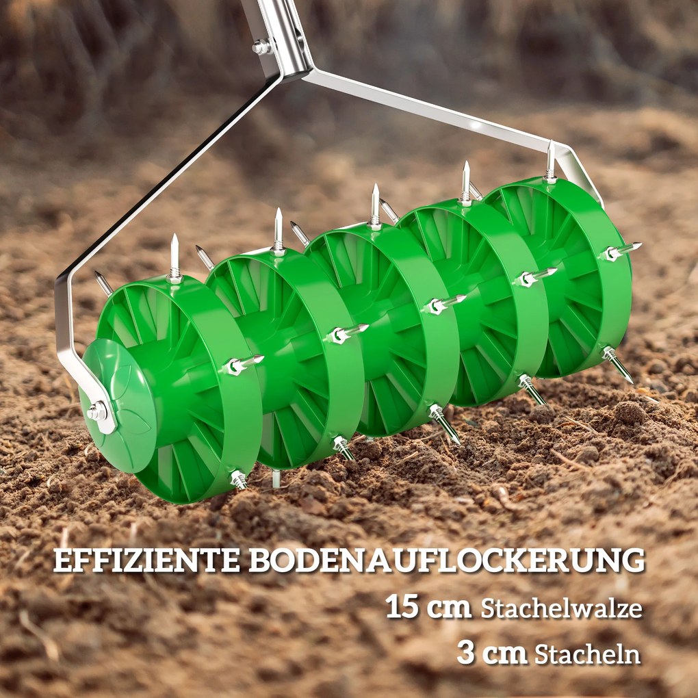 Ręczny aerator do trawnika Outsunny, 45 cm szerokości, z 30 stalowymi kolcami, ciemnozielony