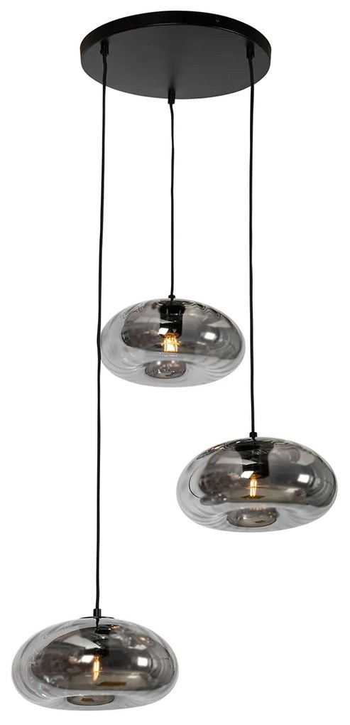 Lampa wisząca Art Deco czarna z dymionym szkłem, okrągła, 3-punktowa - Ayesha ArtDeco Oswietlenie wewnetrzne