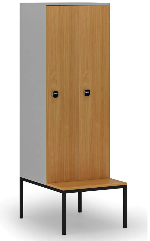 Drewniana szafa ubraniowa S4 z ławką, 2-drzwiowa, 1871 x 600 x 500/800 mm, demontaż, zamek RFID, szary/buk