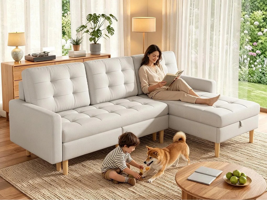 Sofa narożna w kształcie L 3-osobowa - z pojemnikiem do przechowywania - odwracalny szezlong - włóknina - beżowy